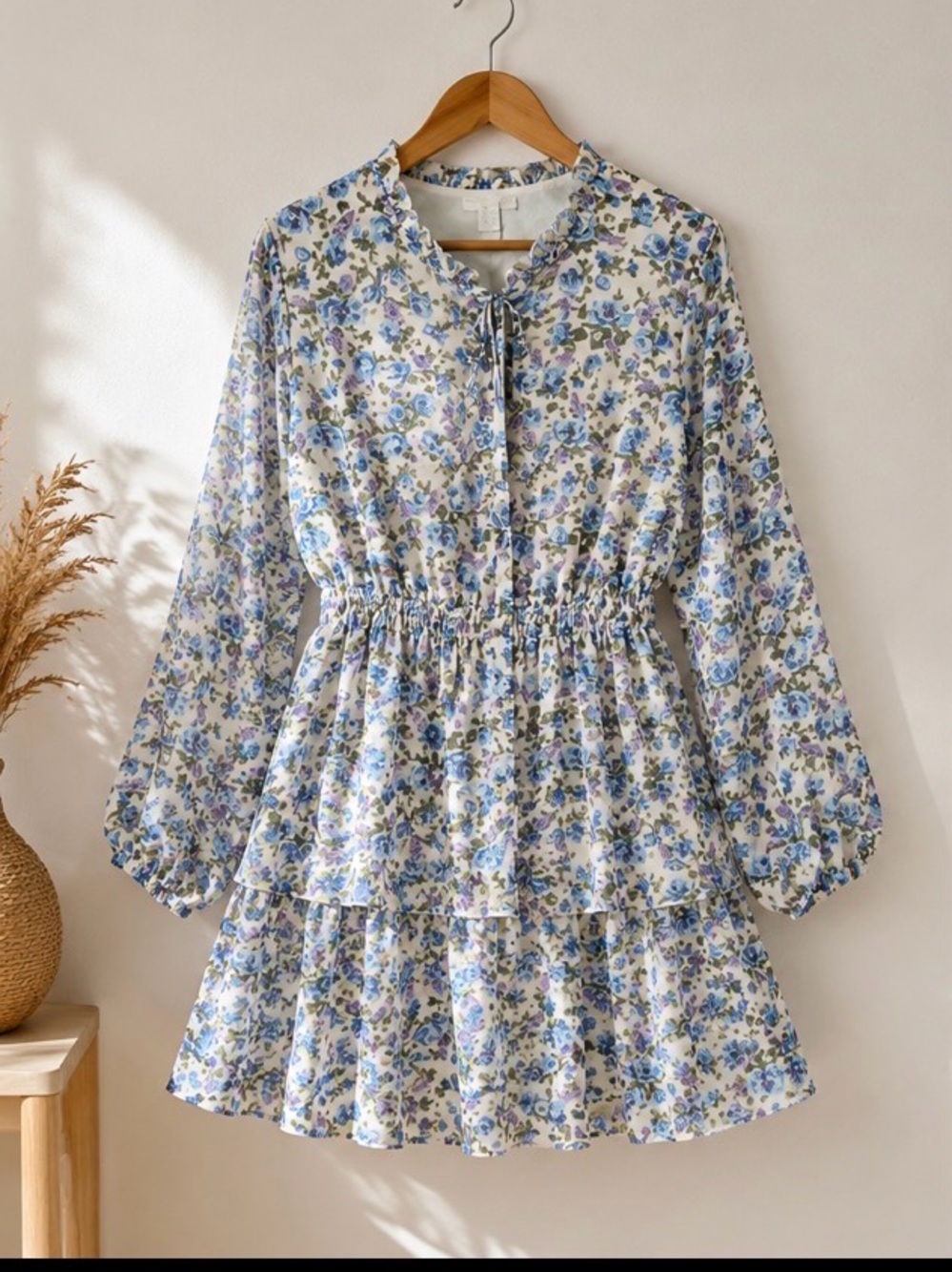 Love X Design Blue Floral Mini Dress Long Sleeve Ruffle Tiered M